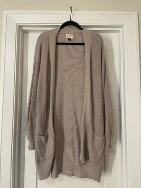 Long Open-Front Ribbed Cardigan Sweater - Taupe